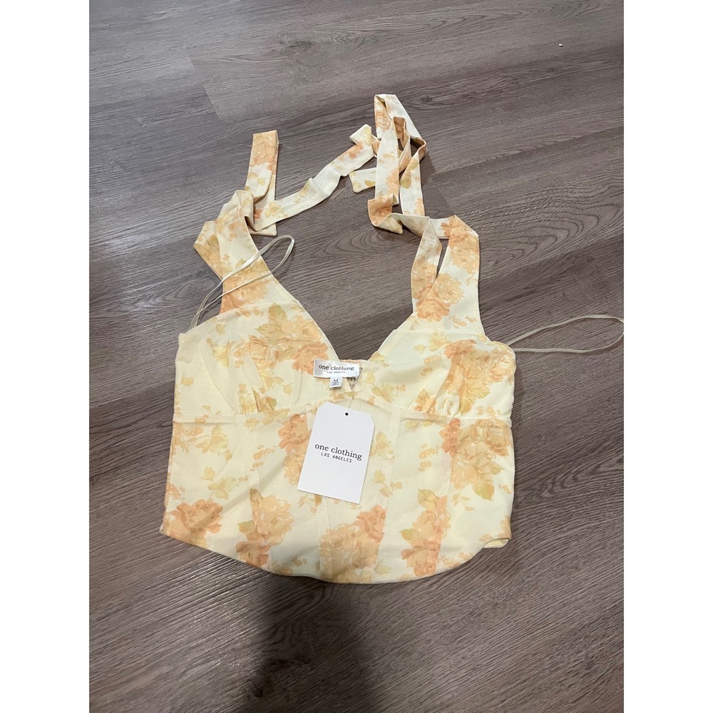 One Clothing Los Angeles Mesh Floral Corset Top Yellow Orange Tie Shoulder Med